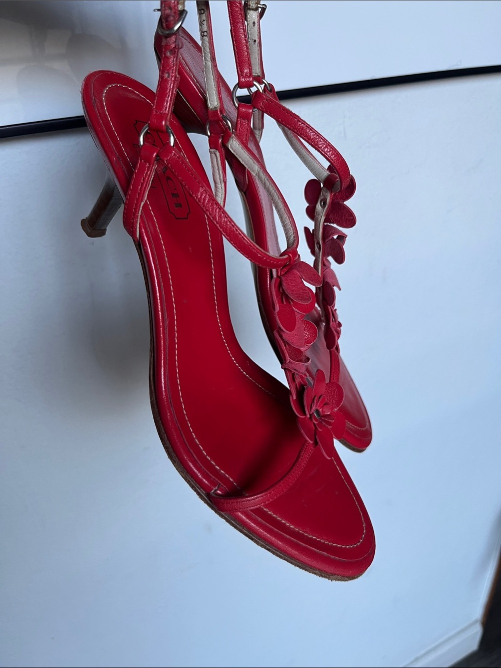 COACH Red Floral Appliqué T-Strap Sandals - Picture 2 of 7